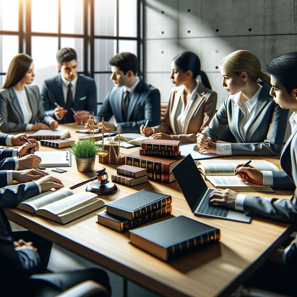 Professional Legal Experts Collaboratively Discussing Case Types in Spacious Office