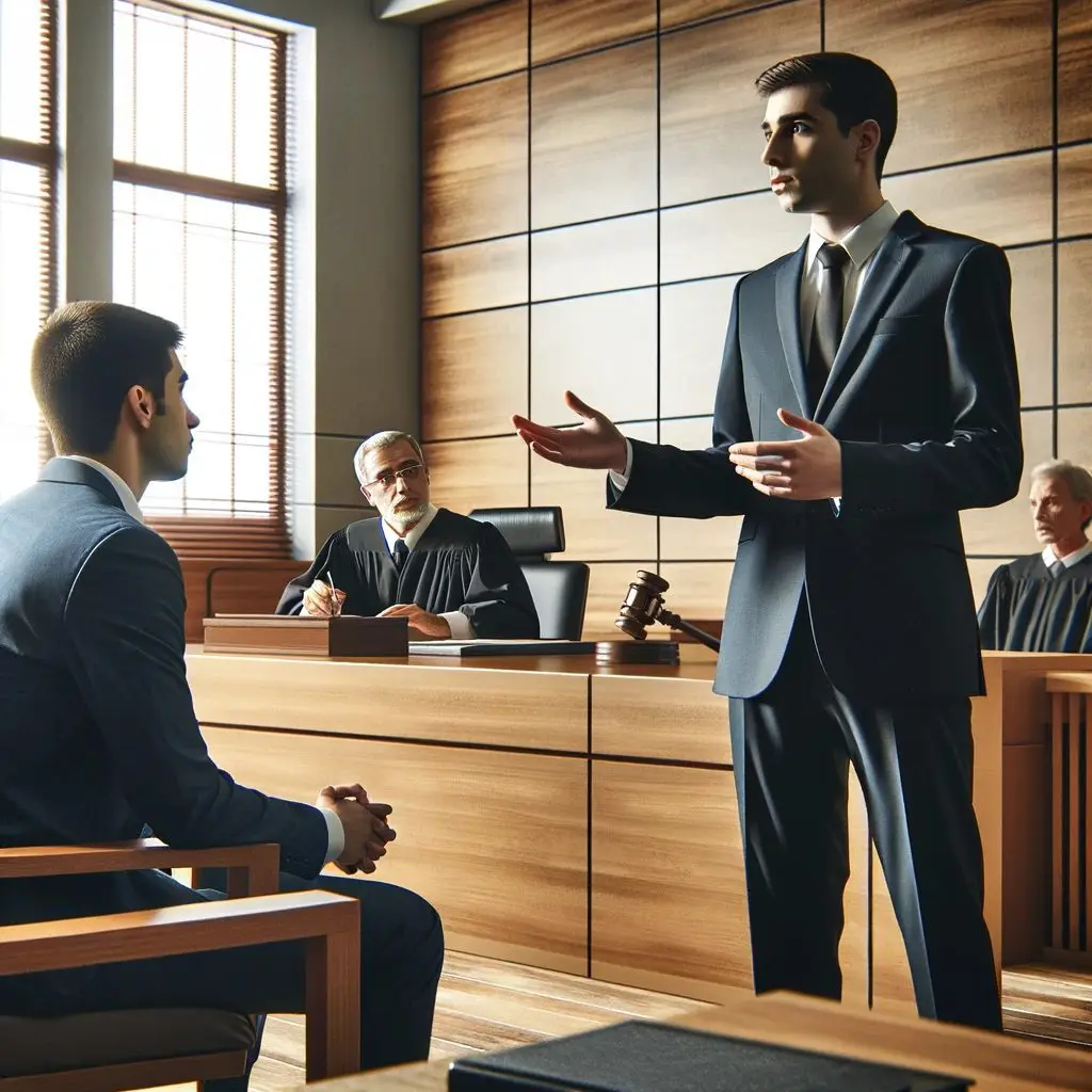 Focused Legal Strategy Discussion in a Criminal Courtroom