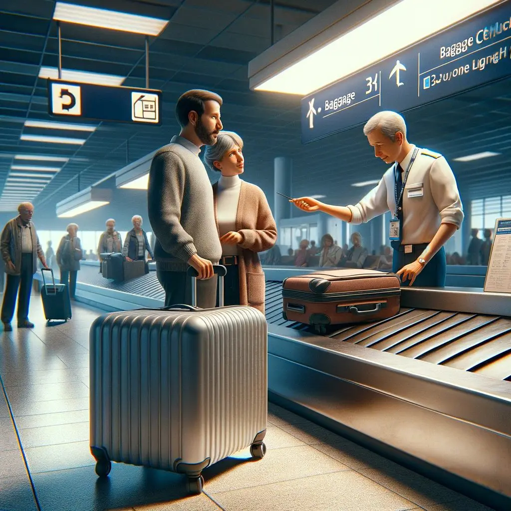 Airport Baggage Check Interaction: Travelers and Staff in Action