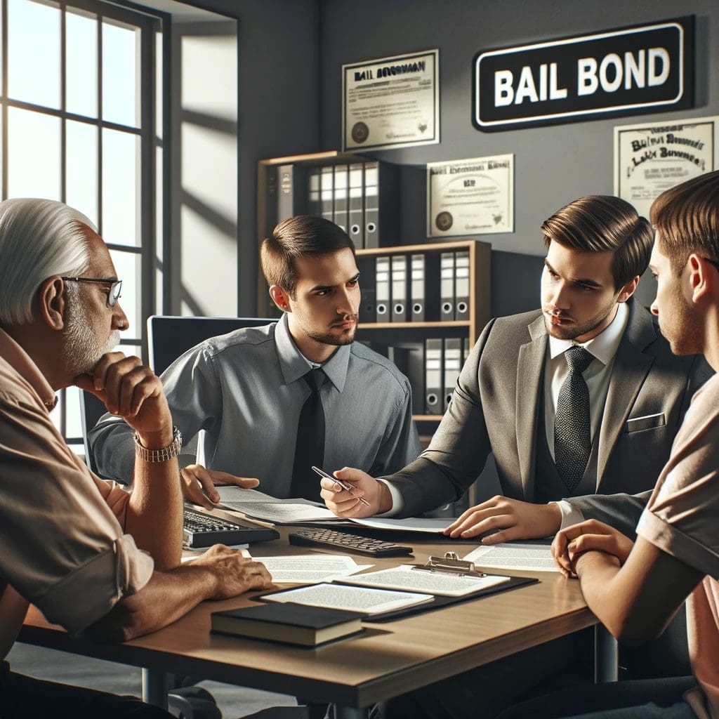 Expert Bail Bondsman Discussing Options with Clients in Office Setting