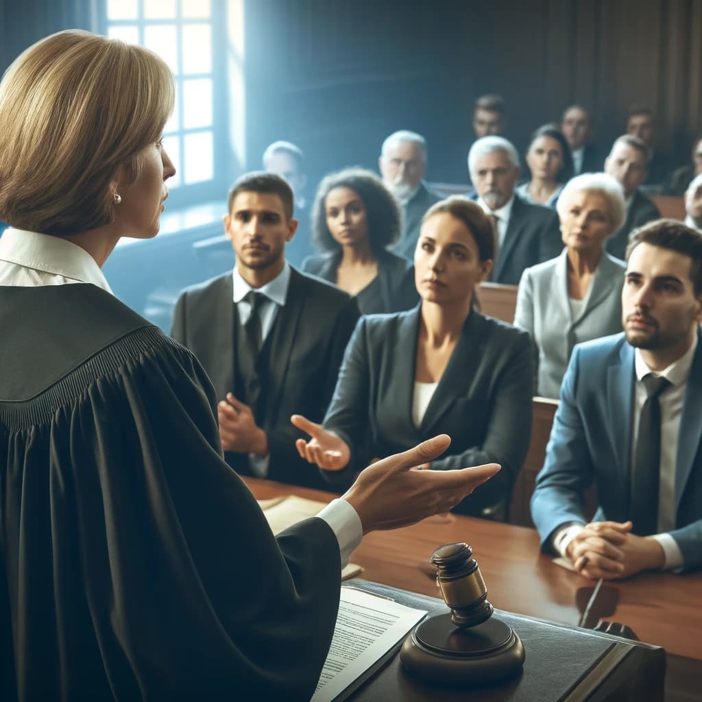 Escena en la sala del tribunal: El juez amonesta a un jurado diverso