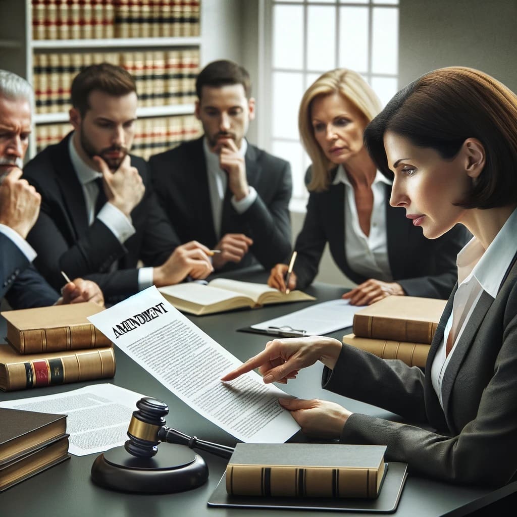 Professionals Discussing Case Amendments in a Law Office Setting