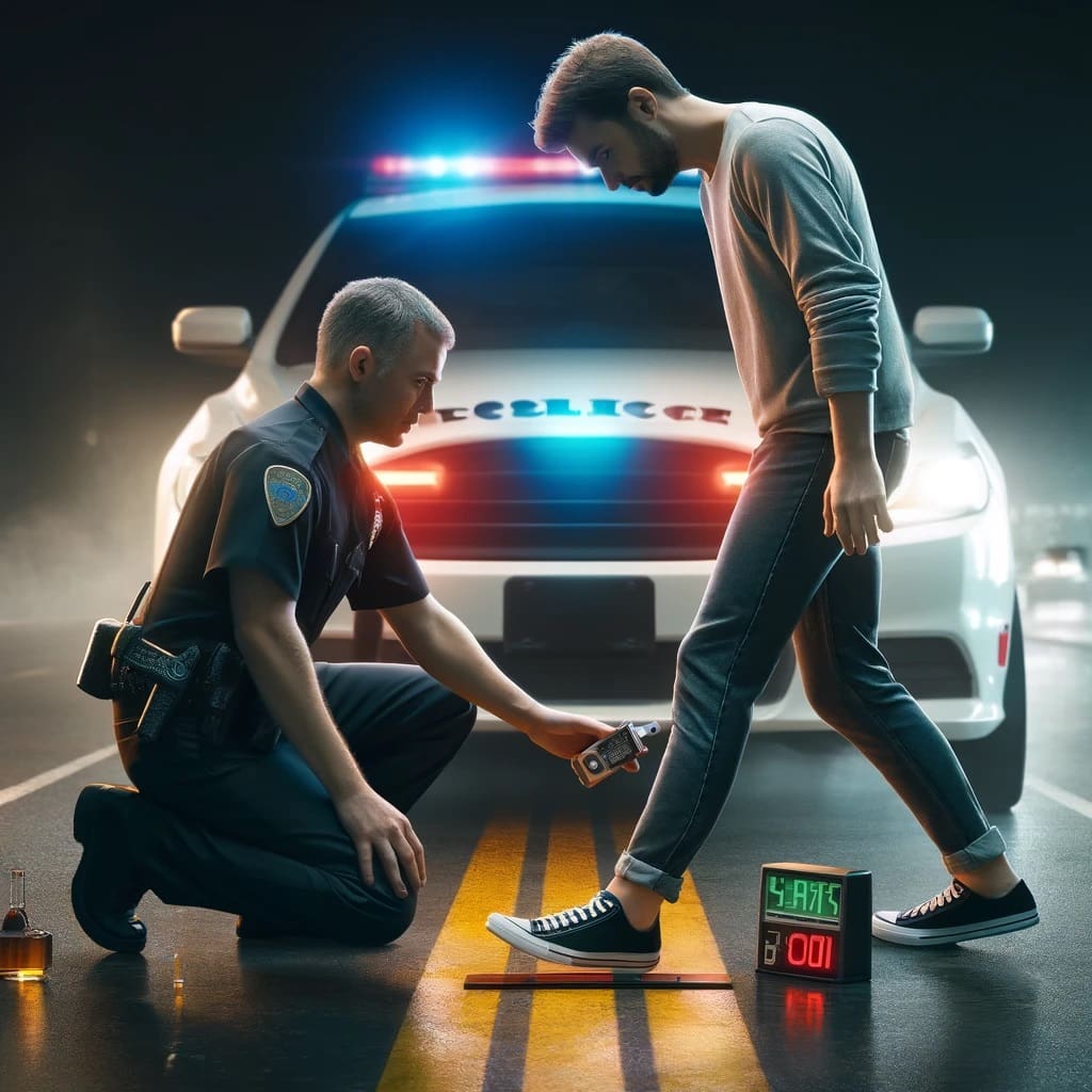 Police Officer Conducting Field Sobriety Test on a Driver at Night