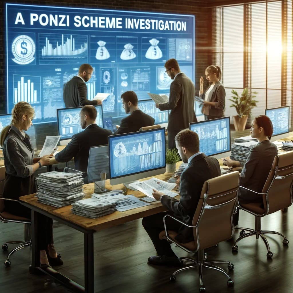 Investigators Reviewing Ponzi Scheme Documents in Office