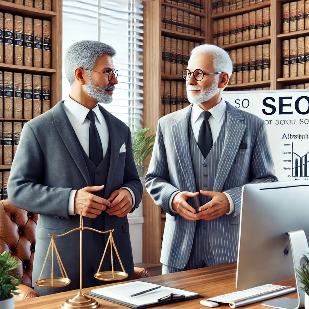 Middle-Aged Lawyers Planning SEO in Professional Setting