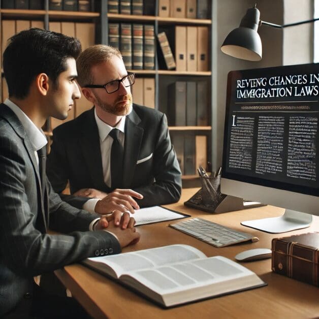 Immigration Lawyer Reviewing Policy Updates with Client