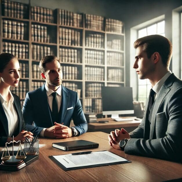 Lawyer Discusses Insurance Negotiation Strategies with Client in a Law Office