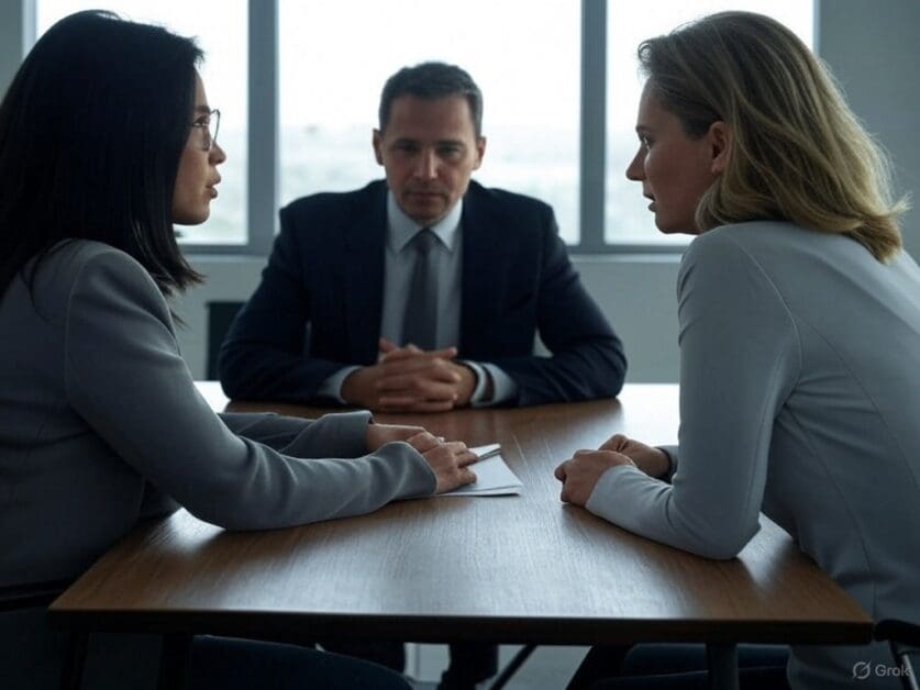Legal Binding of Divorce Mediation Shown with Mediator and Couple in Office Talk