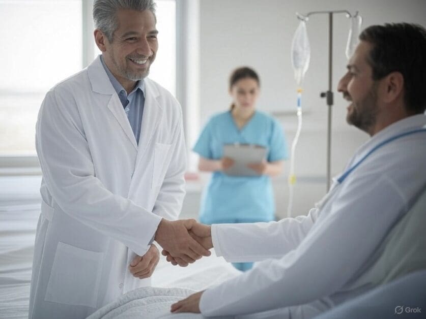Positive Doctor-Patient Interaction Enhances Care in Bright Hospital Room with Nurse Aid