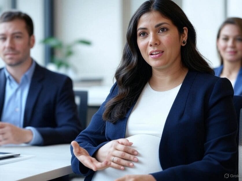 Rights as Pregnant Employee Discussed by Team in Bright Office Workplace Setting