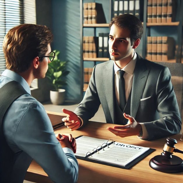 Client Consults with Divorce Lawyer on Legal Process in Modern Office Environment