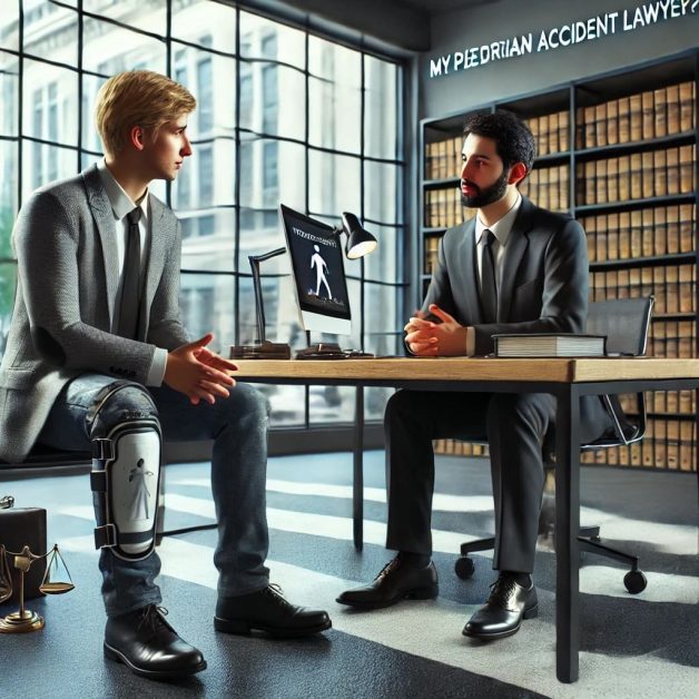 Client Discusses Case Progress with Pedestrian Accident Lawyer in Modern Office